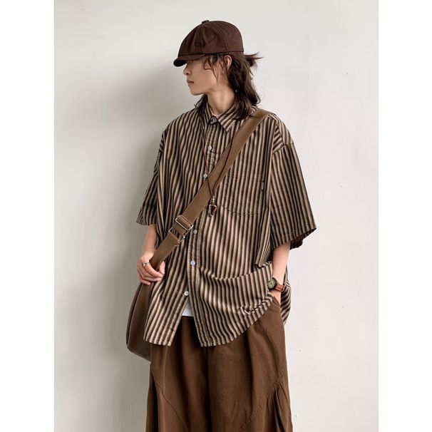 Summer Striped Short Sleeved Shirt Men's Trendy Brand Loose And Versatile Cool Casual Shirt Jacket_viptrois.com