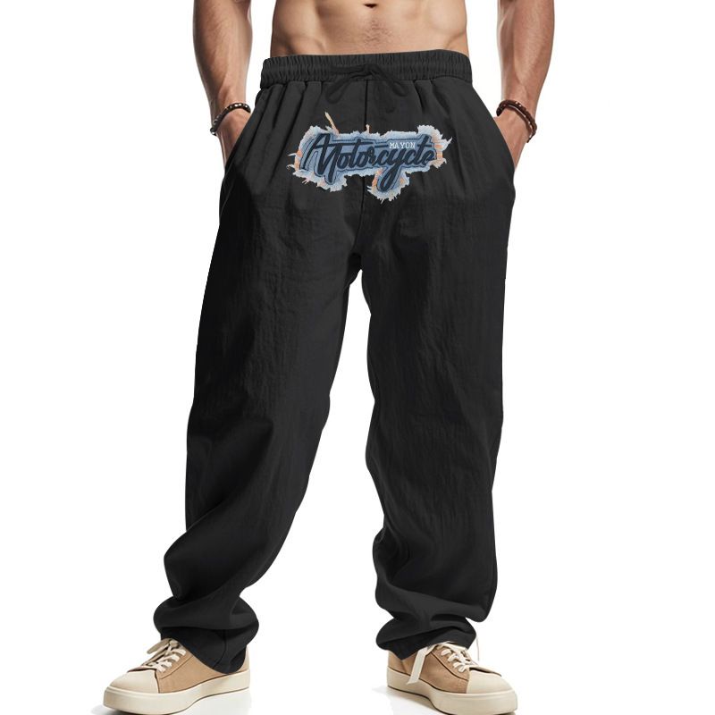 Men's Clothing Men's Linen Loose Wide Leg Hip Hop High Street Trend Washed Embroidery Jogging Casual Sports Trousers_viptrois.com