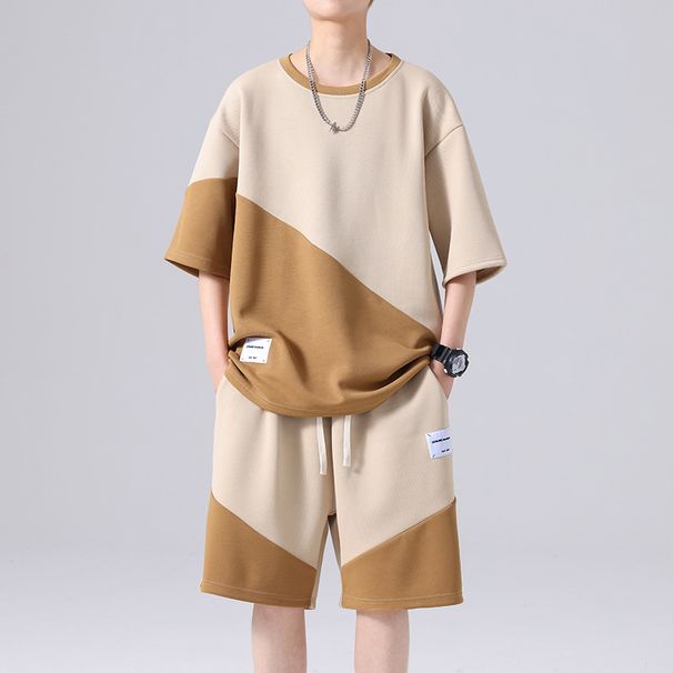 2025 Summer New Casual Splicing Two Piece Set For Men, Thin, Trendy Brand Round Neck Short Sleeve_viptrois.com