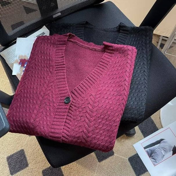 Men's Clothing Men's Autumn Outerwear Retro Burgundy Knitted Cardigan Vest Ins Sweater Jacket_viptrois.com