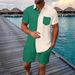Summer Men's Hawaiian Jacquard Color-blocked Pocket Short-sleeved Shirt, Shorts, Lapel Shirt Casual Set For Foreign Trade_viptrois.com