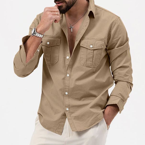 Mens Solid Long Sleeve Button Down Shirts Dual Chest Flap Pockets Breathable Lightweight Casual Outdoor Work Wear Male Blouse_viptrois.com