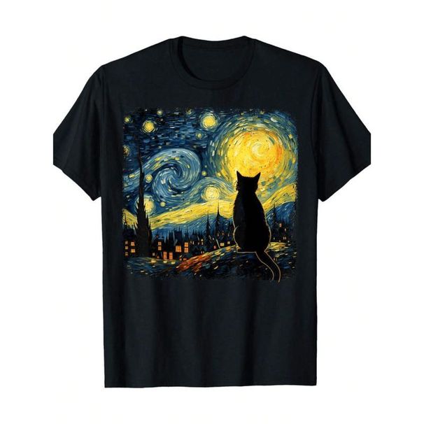 Gráfica Vintage Divertida Gato Noche Estrellada Van Gogh Para Amante Mamá Papá Ropa De Pareja 2025 Camiseta Familiar_viptrois.com