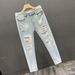 Broken Hole Jeans Men's 2025 Summer New Brand Thin Slim Fit Small Foot Trendy Rolled Edge Nine Part Casual Pants_viptrois.com