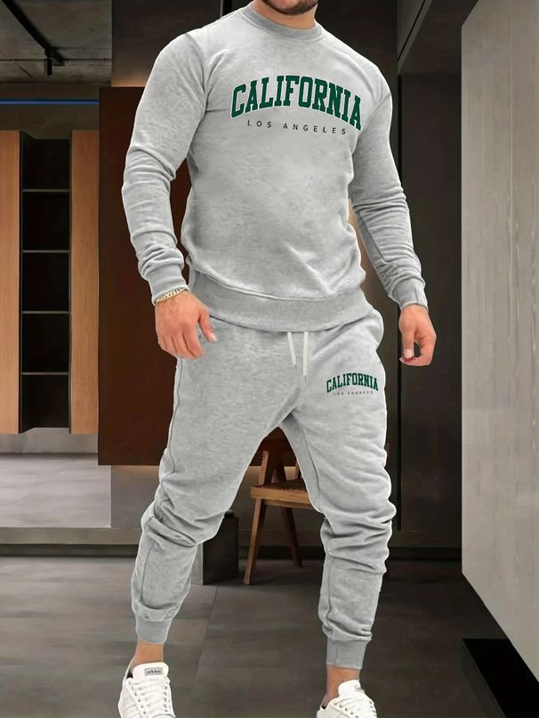 Men's Autumn And Winter Casual Warm California Letter Pattern Print Loose Thick Velvet Round Neck Sports Shirt+sports Pants Set_viptrois.com