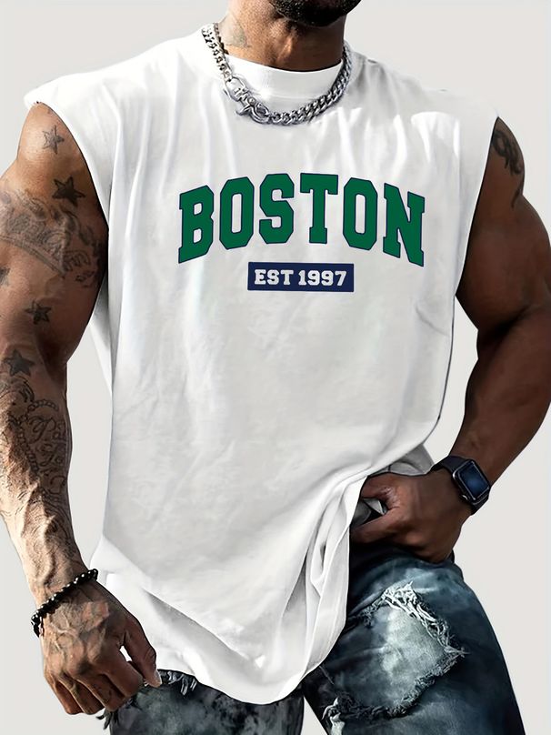 100% Cotton Men's Summer Casual Sports Fitness Loose Boston EST 1997 Pattern Printed Breathable Round Neck Sleeveless Vest_viptrois.com