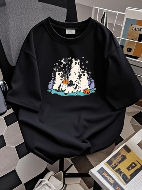 Black Cats In Ghost Costume - Cute Women And Men Halloween T-Shirt Size S-5XL Soft Versatile Top For Everyday Wear Designer Clothes Graphic Casual_viptrois.com