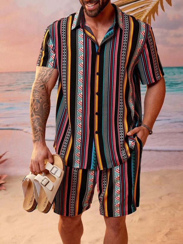 Men's Clothing Summer Men's Shirt Set Hawaiian Stripe 3D Printing Outdoor Short Sleeve Shorts 2 Piece Set Cross Border_viptrois.com