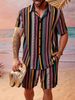 Men's Clothing Summer Men's Shirt Set Hawaiian Stripe 3D Printing Outdoor Short Sleeve Shorts 2 Piece Set Cross Border_viptrois.com