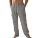 Men's Cargo Trousers 2025 Spring/Autumn mid Waist Straight Leg Linen Multi Pocket Casual Pants Loose Fit Black Standard Thickness_viptrois.com