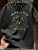 Summer Washed Cotton T-Shirt, Men's Olive House Tuscany Print, Casual Vintage Style, Oversized Tee_viptrois.com