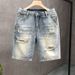 Men's High-End Ripped Denim Shorts Trendy Brand Thin Five Point Midweight Summer Style Loose Straight Leg mid Waist Pants_viptrois.com
