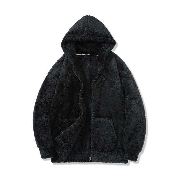 Winter Arctic Velvet Men's Cardigan, American Lazy Style, Loose Fit, Warm Top, Fleece Lined, Thick Hooded Fur Jacket_viptrois.com