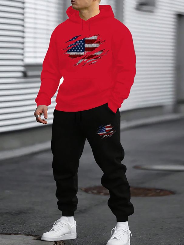 Men's Autumn And Winter Casual Fashion American Flag Pattern Print Loose Suede Thick Hooded Sweatshirt+sports Pants Set_viptrois.com