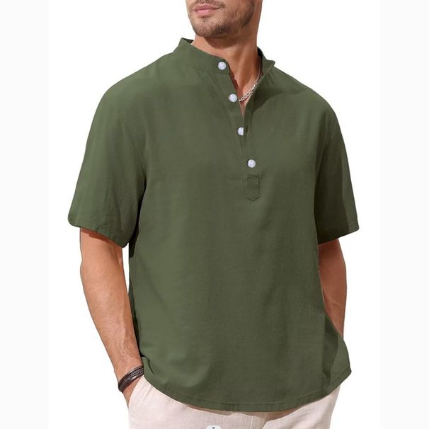 Summer New Men's Large Solid Henley Neck Short Sleeve Shaped Simple Pullover Shirt_viptrois.com