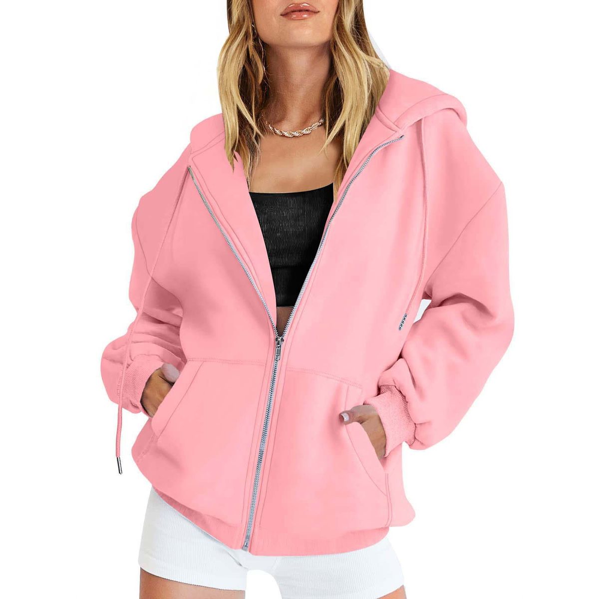 New Sakura Pink Zip-Up Hoodie - Lightweight Fleece Lined Unisex Jacket For Winter, Loose Fit With Ribbed Hem & Zippered Pockets_viptrois.com