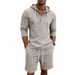 Men's Clothing Men's Summer Outfit Loose Linen Jacquard Striped Casual Long Sleeve Henley Top With Hood And Shorts Set_viptrois.com