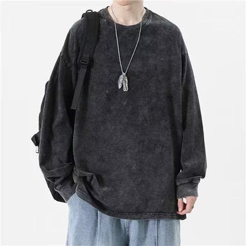 American Retro Pure Cotton Washed Long Sleeve T-Shirt For Men High Street Loose Couple Round Neck Pullover Tee Top_viptrois.com