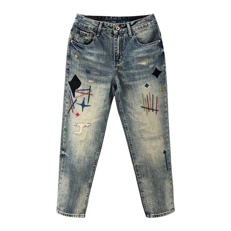 Men's Clothing Street Washed Distressed Fashion Jeans For Men Spring And Autumn Straight Loose \High Street Vibe Style Long Pants_viptrois.com