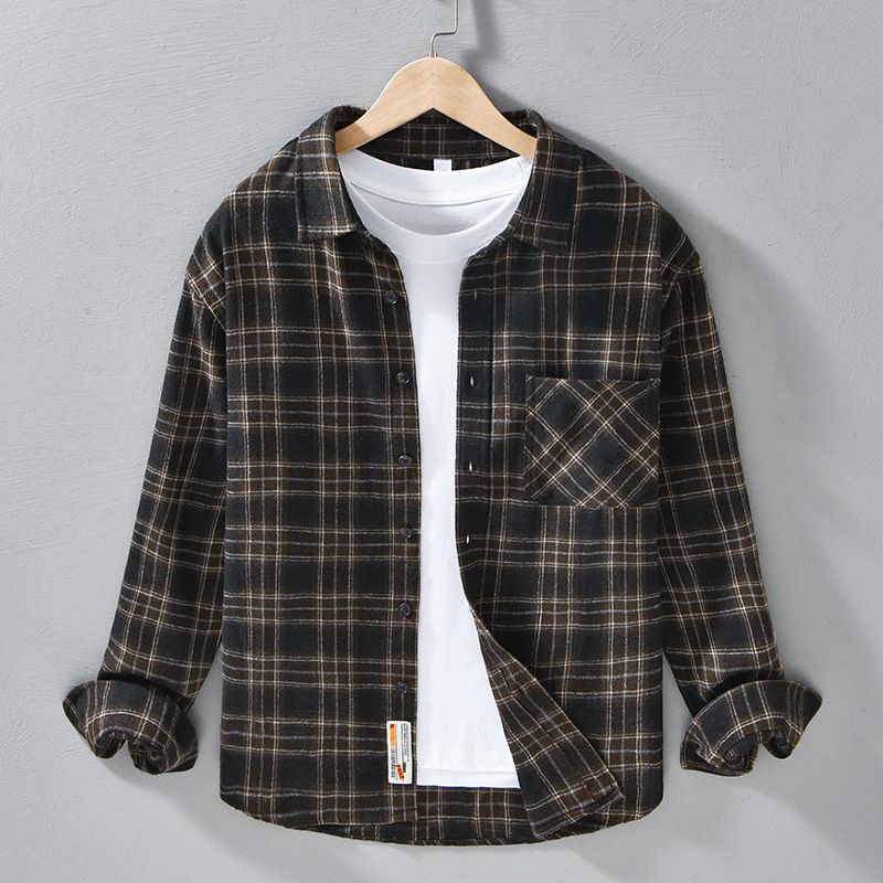 Autumn Men's Brushed Plaid Long Sleeved Shirt Jacket Trendy Casual Loose And Versatile Youth Men's Shirt_viptrois.com