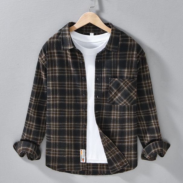 Autumn Men's Brushed Plaid Long Sleeved Shirt Jacket Trendy Casual Loose And Versatile Youth Men's Shirt_viptrois.com