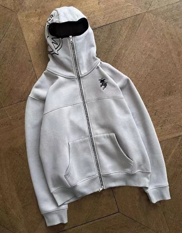 Zip Up Hoodie With Unique Design Double Zipper On Top And Bottom, Featuring A New Eye-catching Minimalist Embroidered_viptrois.com