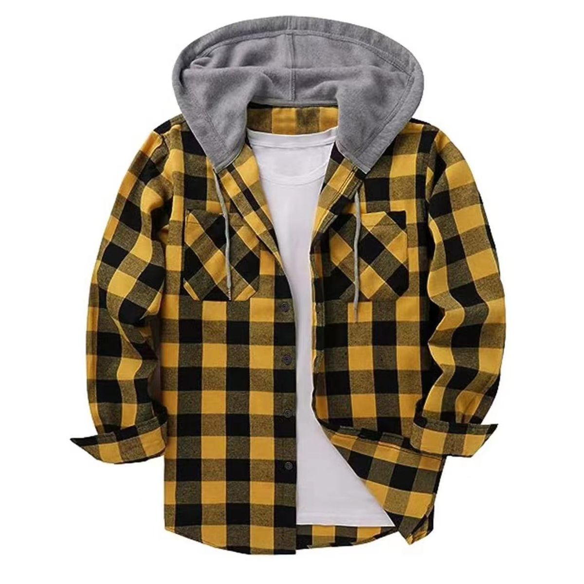 New Fleece Plaid Size Double Pocket Hooded Casual Men's Shirt_viptrois.com