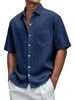 New Men's Solid Color Loose, Comfortable And Versatile Vertical Striped Short-sleeved Button Set_viptrois.com