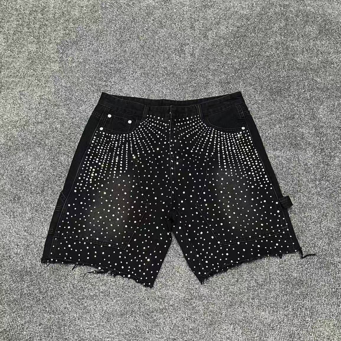 Men's Rhinestone-Studded Denim Shorts – Loose Fit Hip-Hop Cargo Pants With Patchwork Pockets (S-XL, Black/Blue, Non-Stretch Cotton)_viptrois.com