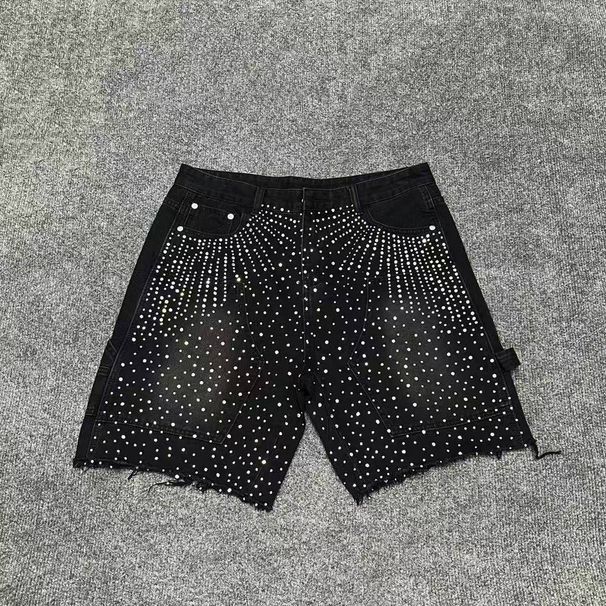 Men's Rhinestone-Studded Denim Shorts – Loose Fit Hip-Hop Cargo Pants With Patchwork Pockets (S-XL, Black/Blue, Non-Stretch Cotton)_viptrois.com