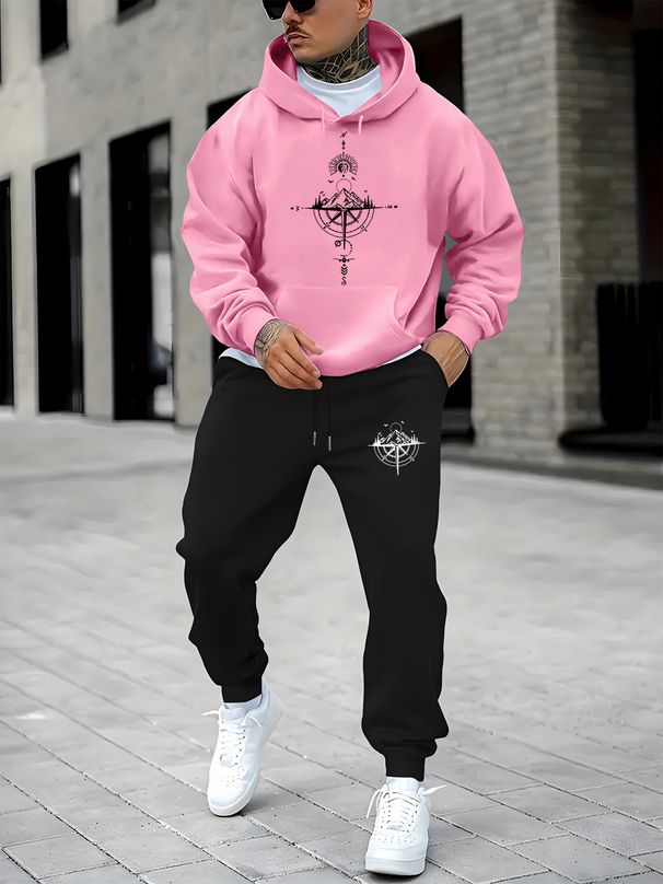 Men's Autumn And Winter Casual Fashion Compass And Mountain Pattern Printed Loose Suede Thick Hooded Sweatshirt+sports Pants Set_viptrois.com