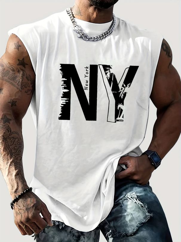 100% Pure Cotton Men's Summer Casual Sports Fitness Loose New York NY Pattern Printed Breathable Round Neck Sleeveless Vest_viptrois.com