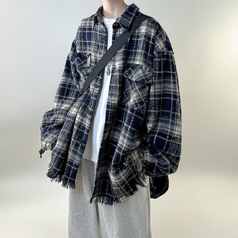 Retro Plaid Long Sleeved Shirt With Fringed Design, Men's Shirt, Loose, Niche, Fashionable, Versatile Lapel Top_viptrois.com