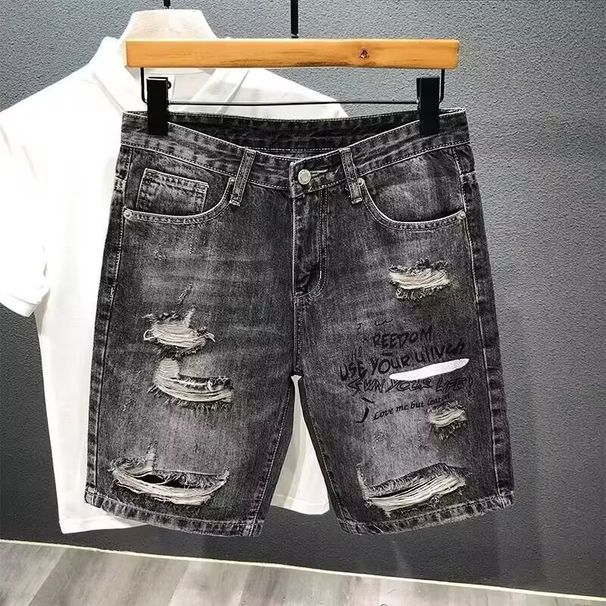 Men's Clothing Personality Ripped Denim Shorts Shorts Mid Rise Straight Casual Shorts_viptrois.com