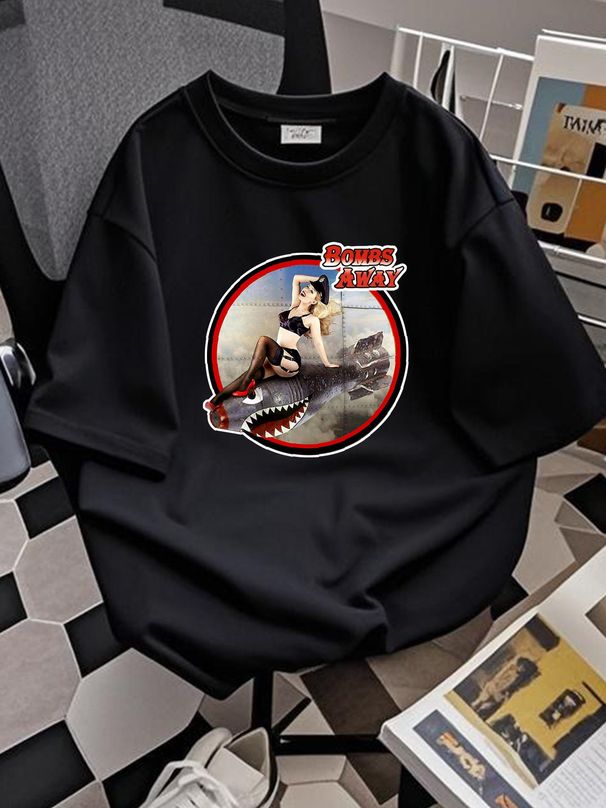 WW2 Bomber Plane 40's Pinup Girl Noseart Aircraft USA Warbird T-Shirt Homme Stylish Versatile Slightly Top For Everyday Wear Graphic Summer Casual_viptrois.com