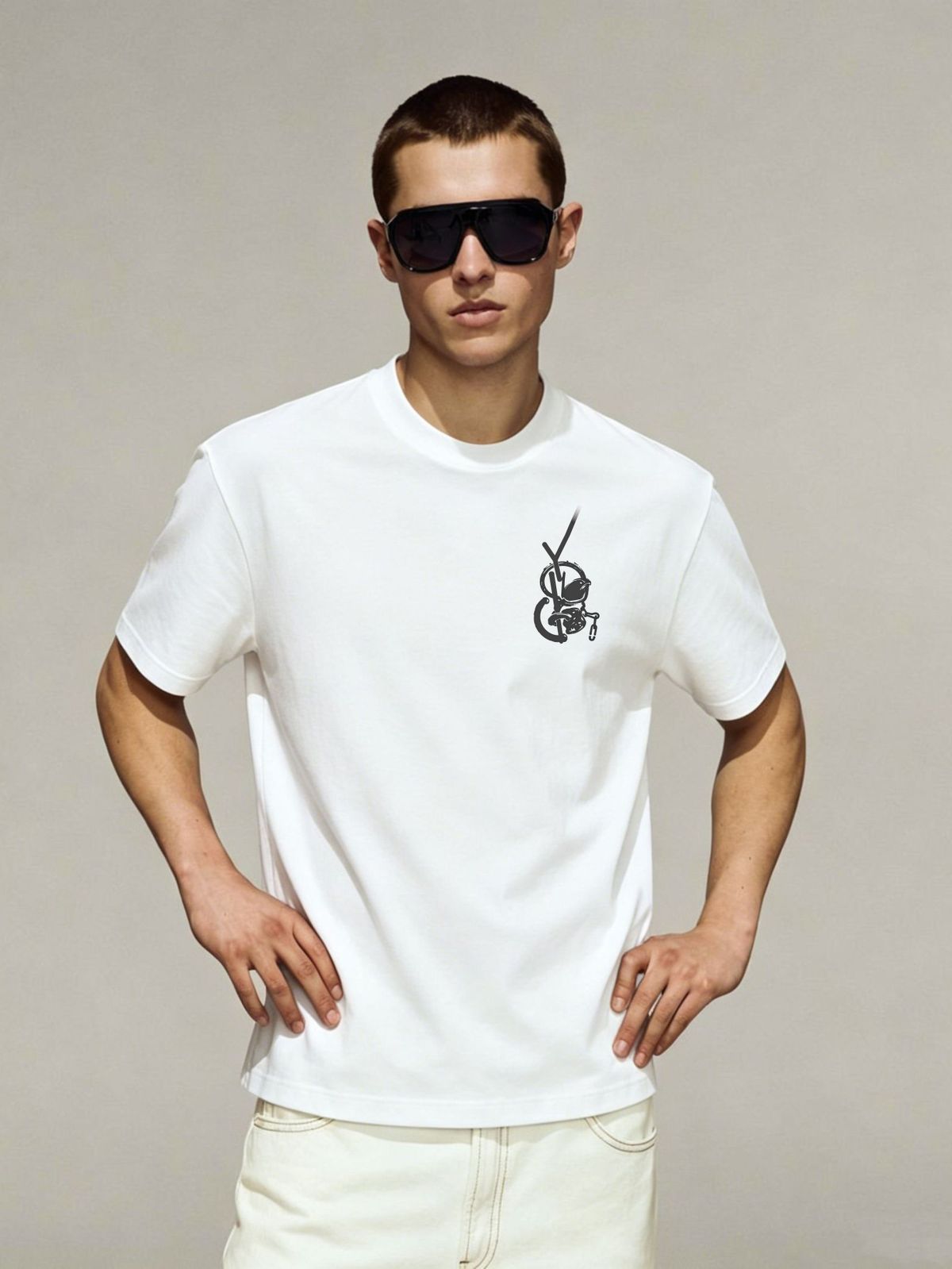 2026 Summer New Men's Short Sleeve Tee, Dark Street Curly Line Initial & Skull Logo Print, Loose Trendy Casual Daily Top_viptrois.com