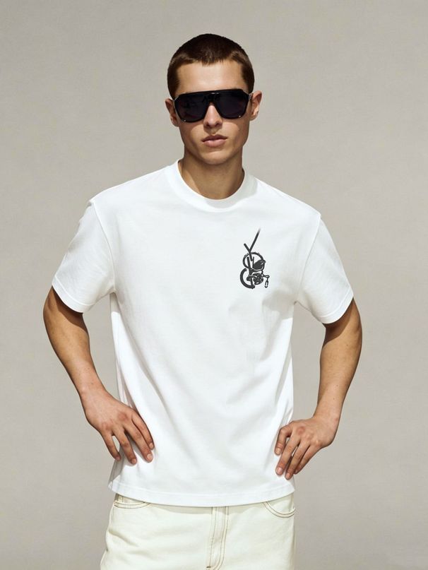 2026 Summer New Men's Short Sleeve Tee, Dark Street Curly Line Initial & Skull Logo Print, Loose Trendy Casual Daily Top_viptrois.com