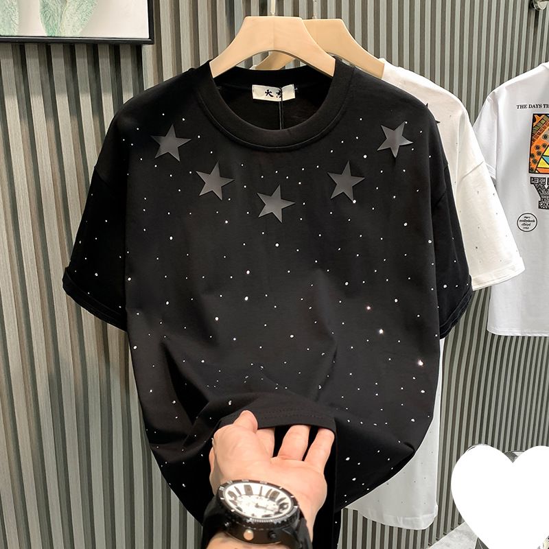 Men's Clothing Internet Celebrity Hot Style Niche Men's T-shirt Short-sleeved Pure Cotton Star Hot Diamond Fashion Brand Half-sleeved T-shirt Local_viptrois.com