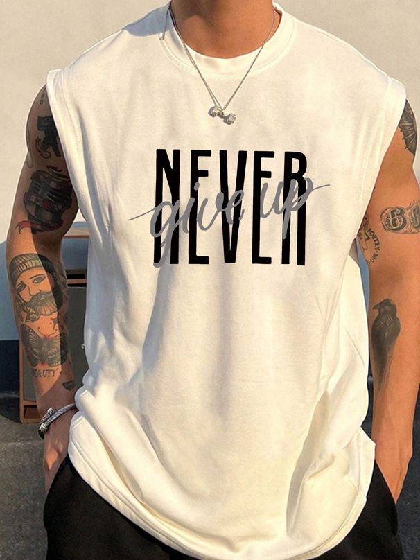100% Pure Cotton Men's Summer Leisure Sports Fitness Loose And Never Give Up Letter Printed Breathable Round Neck Sleeveless Vest_viptrois.com