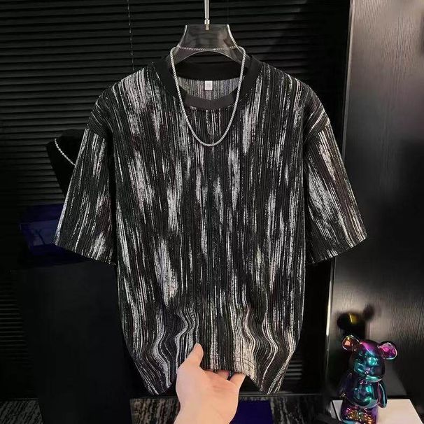 Summer New Men's Tie Dye Striped V Neck T-Shirt Short Sleeve Loose Fit Casual Unique Design Personalized Top_viptrois.com