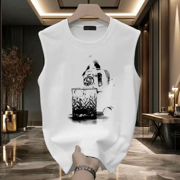 New Pure Sleeveless Vest T-shirt Summer Trend Print Ins Loose And Versatile Men's Sports Breathable Top_viptrois.com