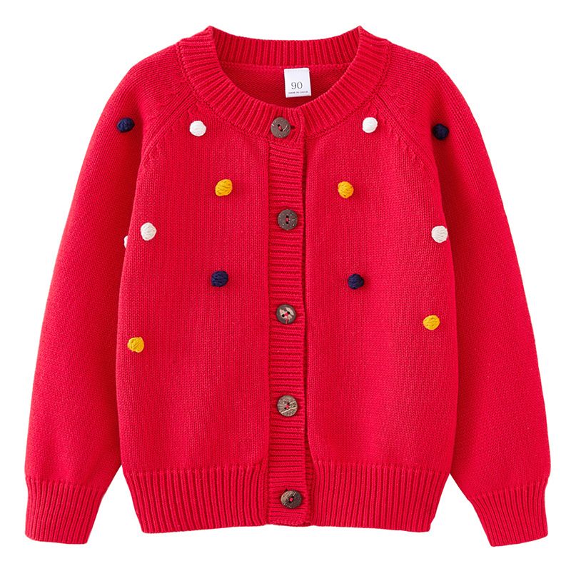 Miso BearSpring/Autumn Children's Round Neck Children's Handmade Colorful Ball-Shaped Cardigan, Girls' Cotton Sweater And Cardigan._viptrois.com