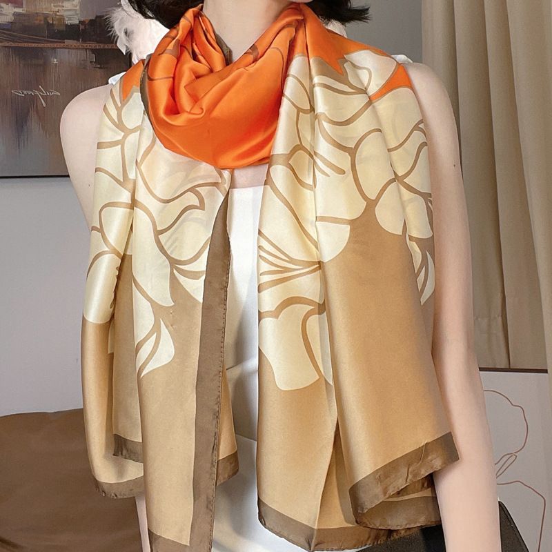 Temperament Color Matching Flower Long Orange Khaki Print Spring and Autumn Versatile Summer Sunscreen Simulated Silk_viptrois.com