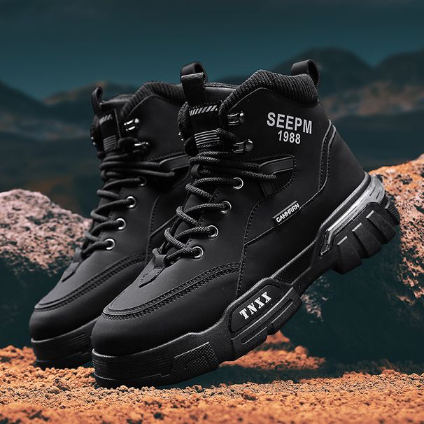Men's Autumn Simple Fashion Letter Print Martin Breathable Casual Comfortable Lace-up High-top Boots_viptrois.com