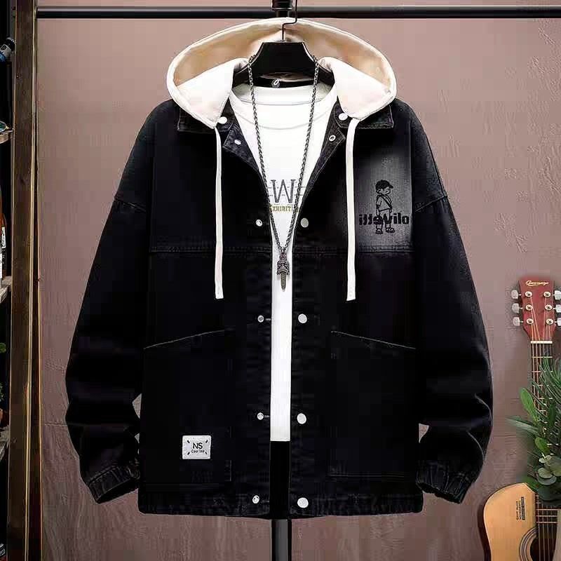 Men's Clothing Youth And Middle School Student Style Hooded Denim Jacket With Unique Letter Print Stylish Autumn Top For Men_viptrois.com