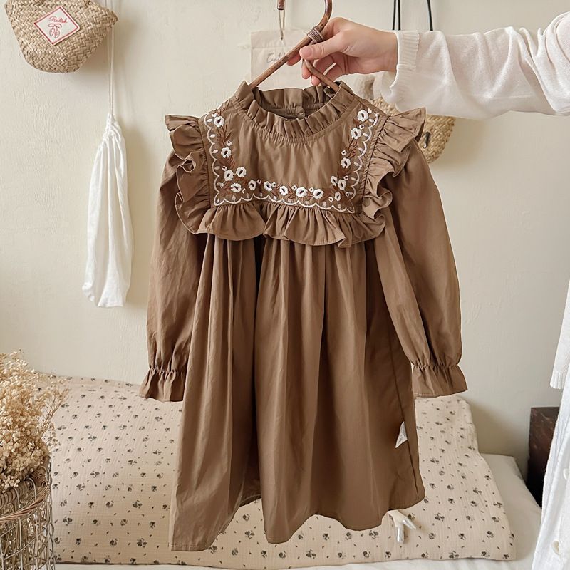 Mother & Kids Forest retro flower embroidery girl dress 2024 autumn style stand collar lotus leaf lace children's princess dress long sleeve_viptrois.com