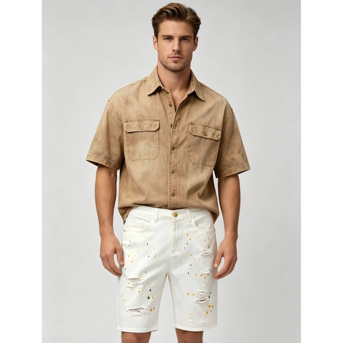 Summer Men's Denim Shorts High Street Style Trendy Ripped Stretch Five Point Casual Splatter Print_viptrois.com