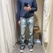 Men's Clothing Ice Blue Faded Lightning Pattern Vintage Washed Jeans Cleanfit Distressed Flared_viptrois.com