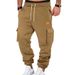 Urban Style Cargo Pants For Men With Leather Logo Patch, Multi-Pocket Design & Drawstring Waist - Comfortable & Trendy Casual Trousers_viptrois.com