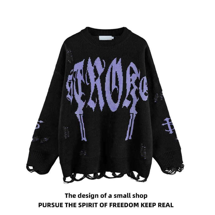 American Design Distressed Letter Jacquard Knit Sweater Loose Fit Unisex National Trend Street Style Long Sleeve Top_viptrois.com